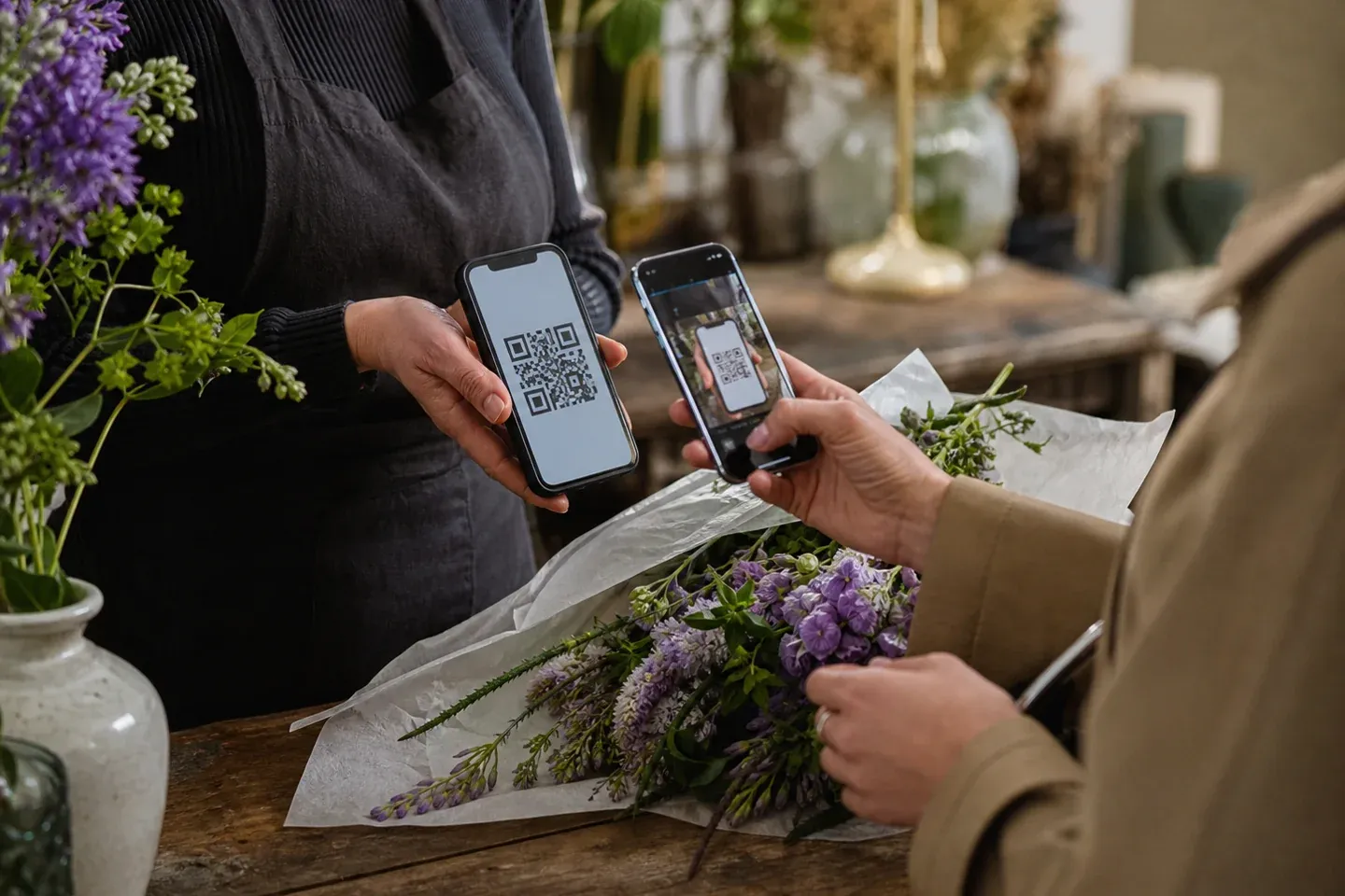 Merchant showing a Mobile Counter QR checkout while a customer scans it on their phone